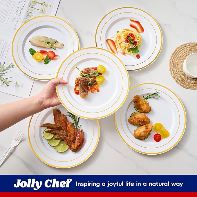 100 Pieces Gold Plastic Plates, 10 Inch Elegant Disposable Dinner White - Image 5