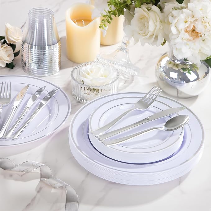 WELLIFE 600 PCS Silver Disposable Dinnerware Set - Image 4