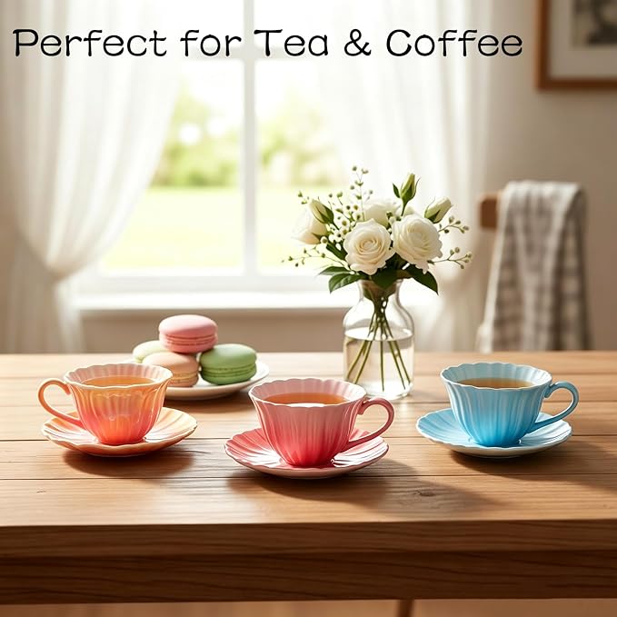 8.8 oz Tea Cups and Saucers, Flower-Shaped Ceramic Latte Art Cappuccino Cup and - Image 7