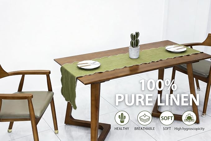 100% Natural Linen Rustic Scalloped Embroidery Table Runner 90 Inches Long - Image 2