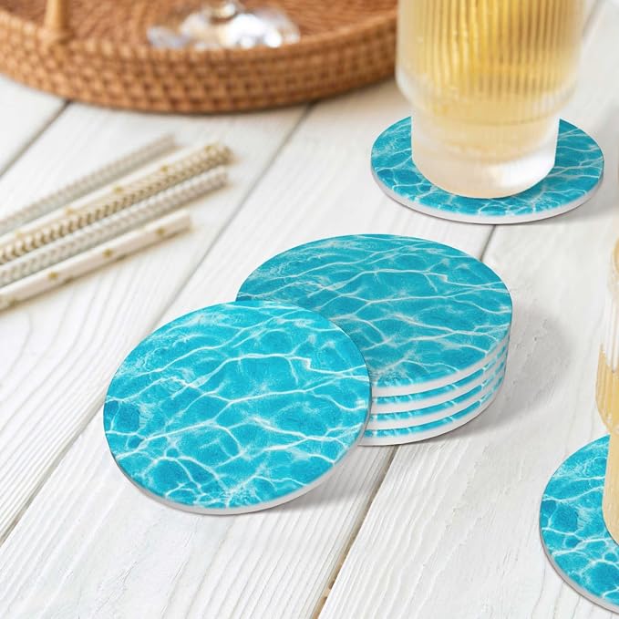 Pool Water Sunlight Coasters for Drinks Absorbent Round Ceramic Coasters Set of - Image 7