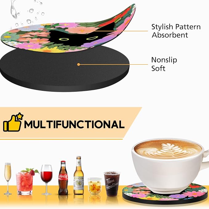 Swooflia Coasters for Drinks Coffee Table, Flower Black Cat Cute Colorful - Image 3