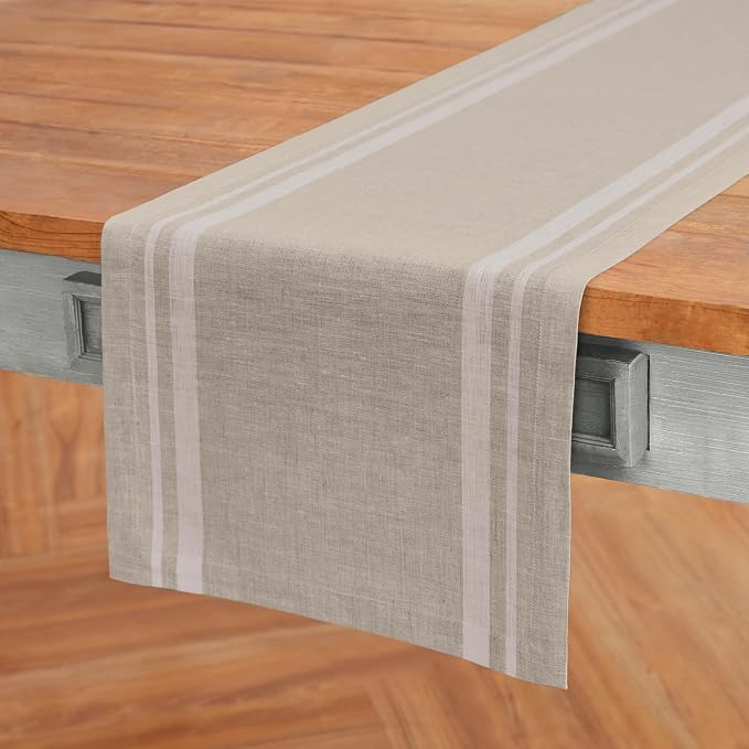 Solino Home 100% Pure Linen Table Runner, 14 x 156 in, French Stripe | Table - Image 2