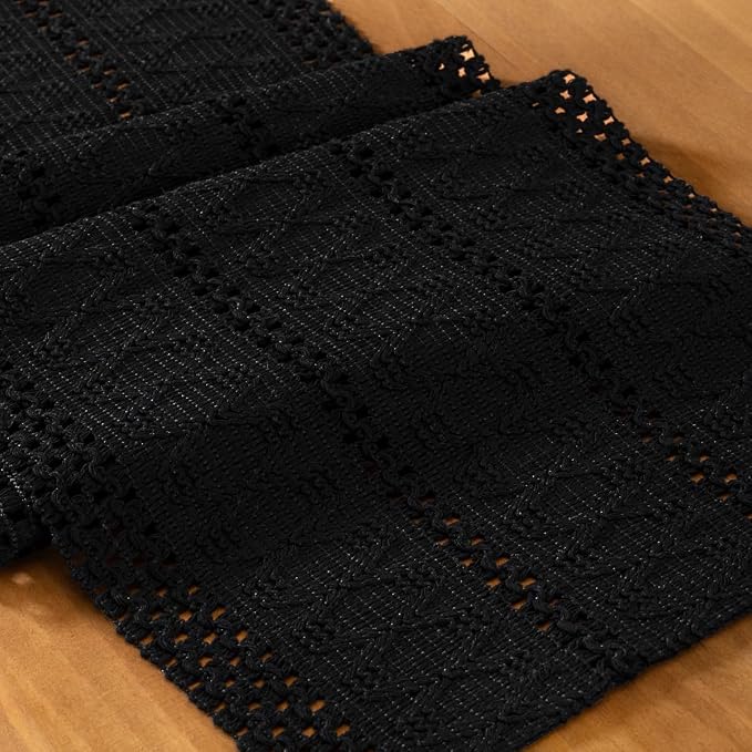 Black Boho Table Runner Farmhouse Macrame Woven Table Runner 12x60 Inch | Small - Image 2