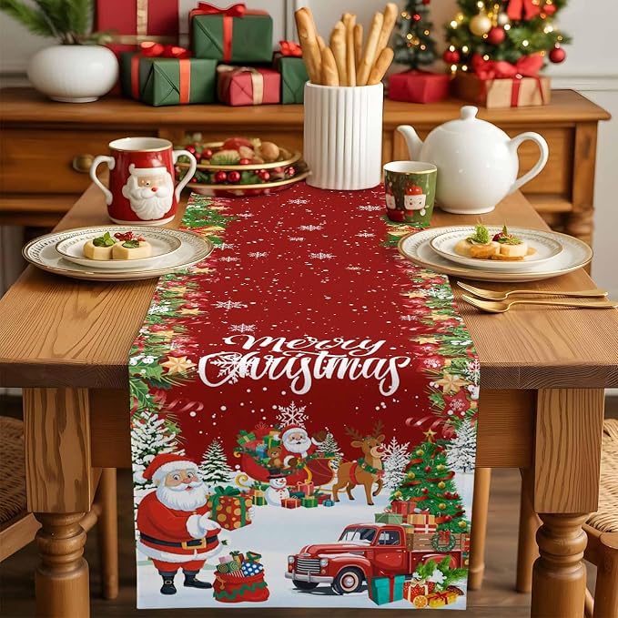 Merry Christmas Table Runner 72 Inches Long, Santa Xmas Tree Snowflake Table - Image 5