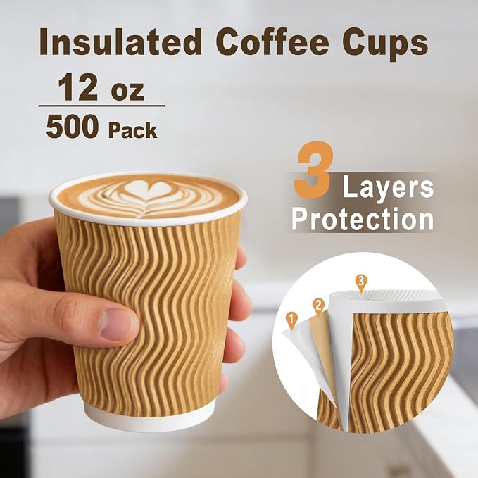 Clawsoff 500 Pack 12oz Insulated Disposable Paper Coffee Cups Champagne | Thick - Image 3