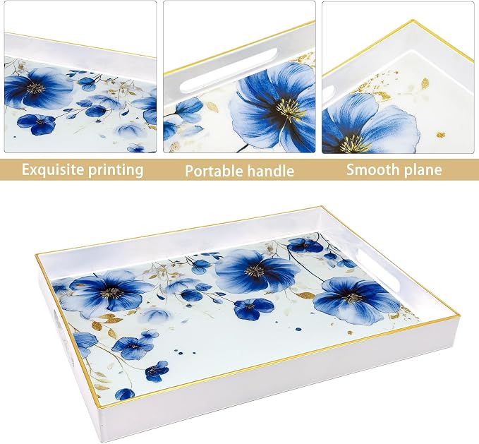 Serving Tray with Handles, 15.7 * 11.8 inches, Plastic Ottoman Tray with - Image 2