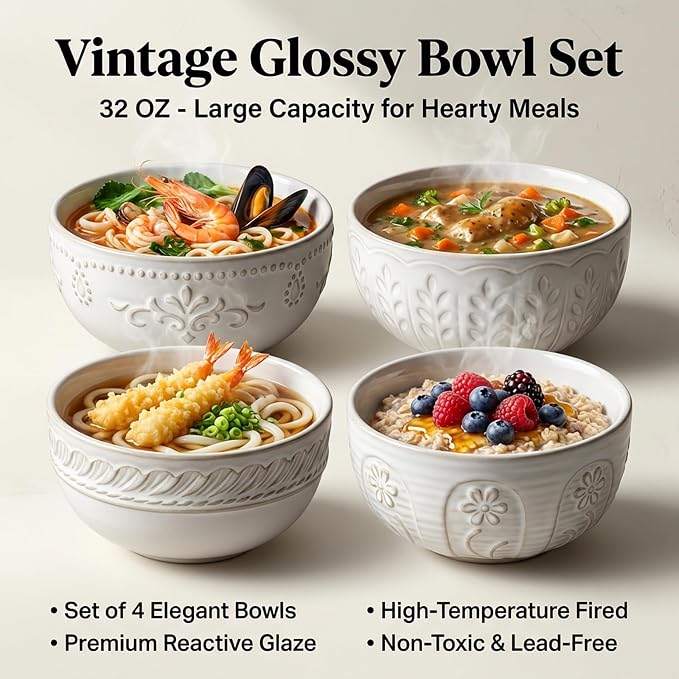 Soup Bowls 32 OZ, Cereal Bowls Set of 4, Embossment Ceramic Ramen Bowls - Image 3