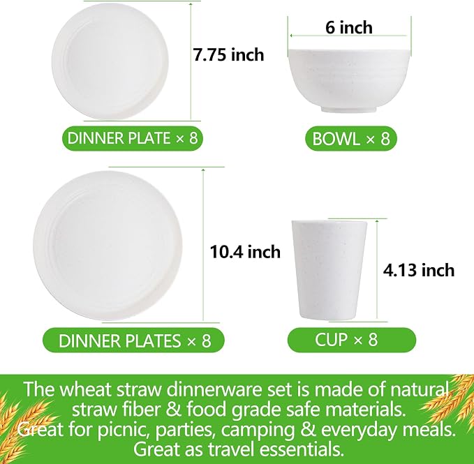 32pcs White Wheat Straw Dinnerware Set, Plates and Bowls Sets - Image 2