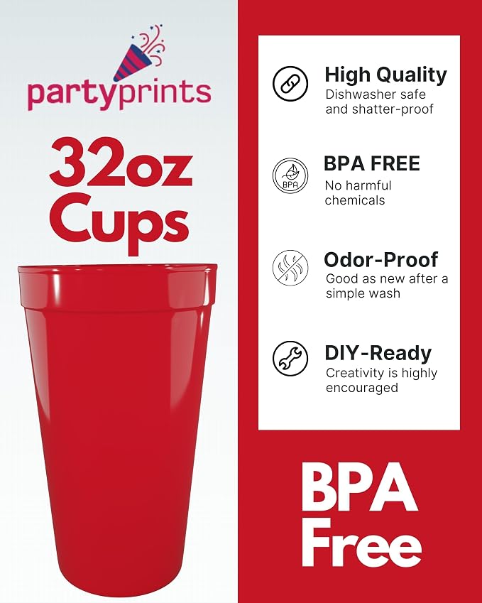 PartyPrints 10 Pack 32 oz Red Reusable Blank Plastic Cups, Colored Plastic - Image 2