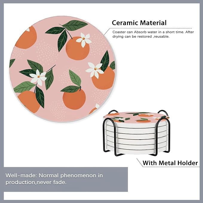 Drink Coasters Set of 6 with Holder, Tropical Palm Leaves Orange Floral - Image 5