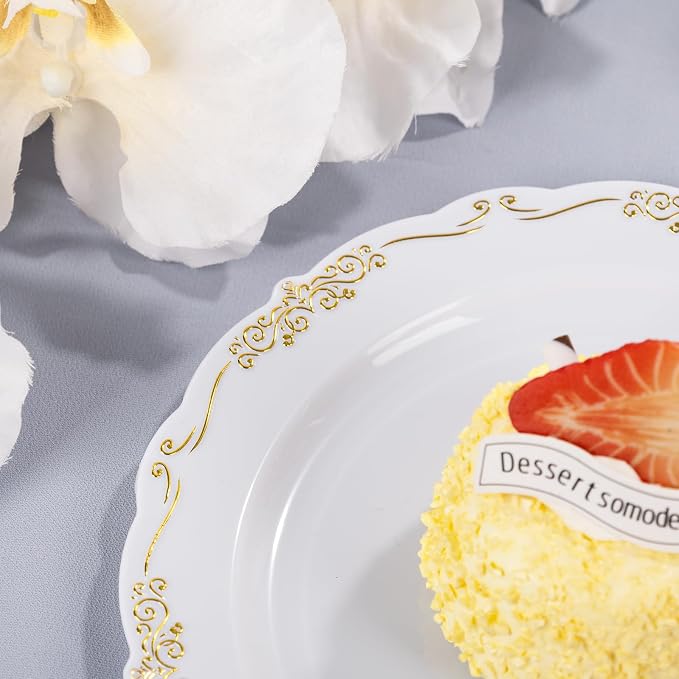 DaYammi 60PCS White and Gold Plastic Plates, Disposable Heavy Duty Plates - Image 2