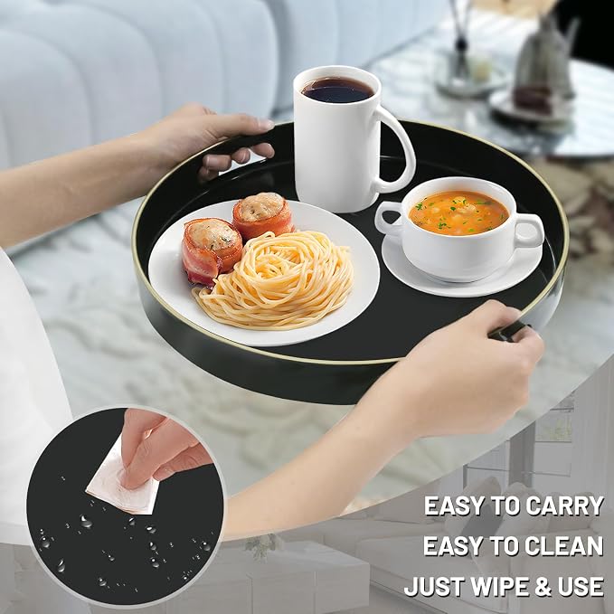 13" Black Decorative Tray, Plastic Round Serving Tray - Image 4