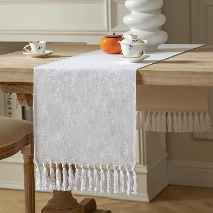 White Table Runners 60 Inches Long, Burlap Linen Style Rustic Farmhouse Table by ZEEMARTONLINE