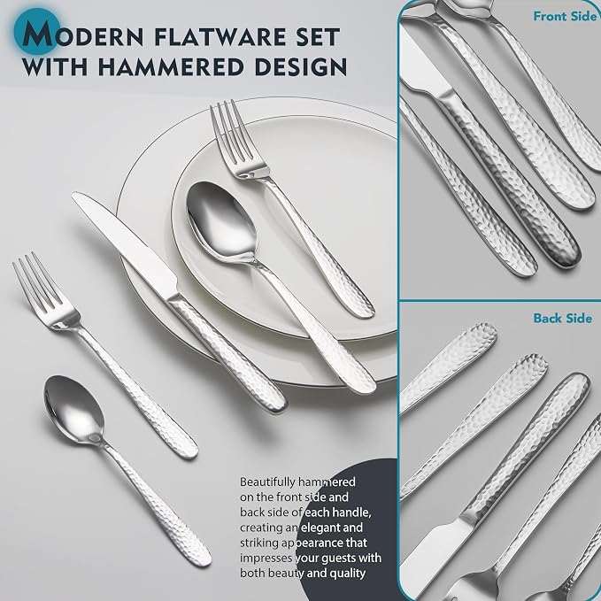 Hammered Silverware Set, EIUBUIE 40-Piece Stainless Steel Flatware Set - Image 3