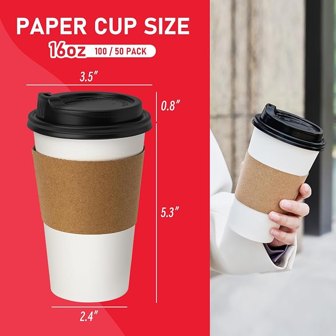 16 oz 50 Pack Coffee Cups with Lids and Sleeves, Hot Paper Coffee Cups with Lids - Image 2