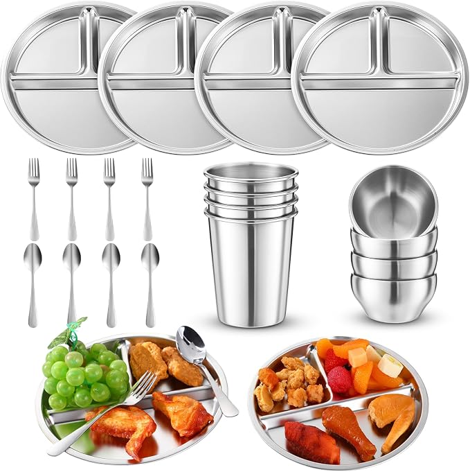 Jinei 20 Pcs Stainless Steel Dishes Set 4 Stainless Steel Plates, 4 Bowls by Jinei