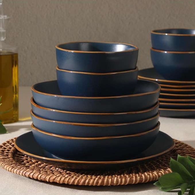 Gibson Home Hazeltine 16-Piece Navy Blue Stoneware Dinnerware Set – Plates and - Image 4