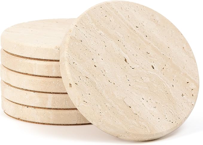 Natural Travertine Marble Coasters Set of 6, Earthy Beige, Bedroom Nightstand by YONGHEE