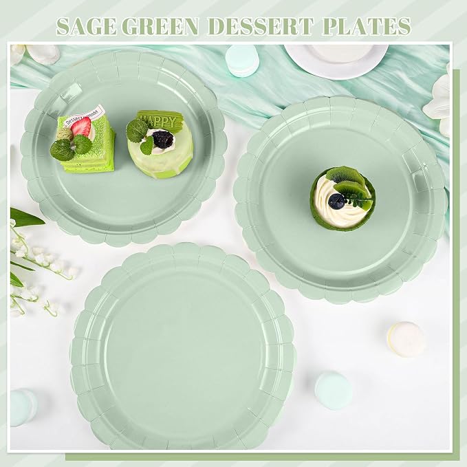 NatNarr 30 Pk Sage Green Paper Plates 9" Scalloped Sage Baby Shower Plates | - Image 4
