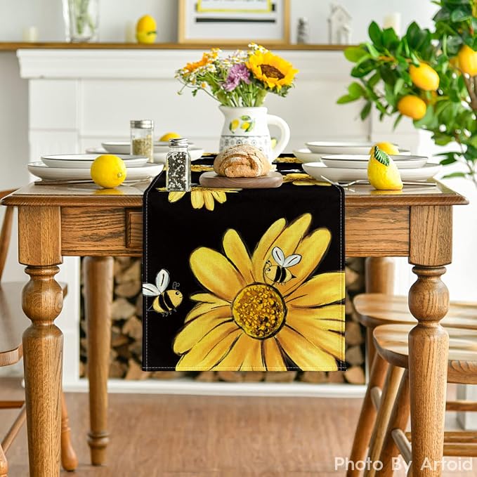 Artoid Mode Black Bee Sunflower Summer Table Runner, Seasonal Spring Flowers - Image 2