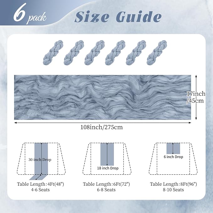 6 Pack Dusty Blue Cheesecloth Table Runner 17x108 Inch Semi Sheer Boho Gauze - Image 2