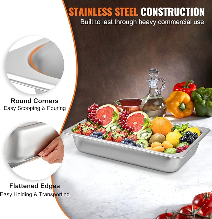 VEVOR 6 Pack Stainless Steel Hotel Pans, Full Size 4Inch Deep 22 Gauge/ 0.8mm - Image 3