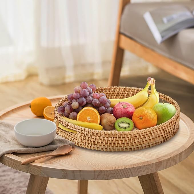 Round Rattan Serving Tray with Handles, Hand Woven Basket, Home Decor Organizer - Image 3