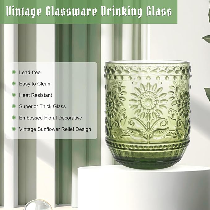 Topsky Vintage Drinking Glass Set of 4, 12 oz Embossed Floral Drinkware Set - Image 5