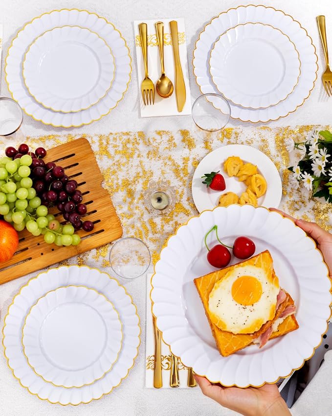 YOUBET 175PCS White and Gold Scalloped Plastic Plates - Image 6