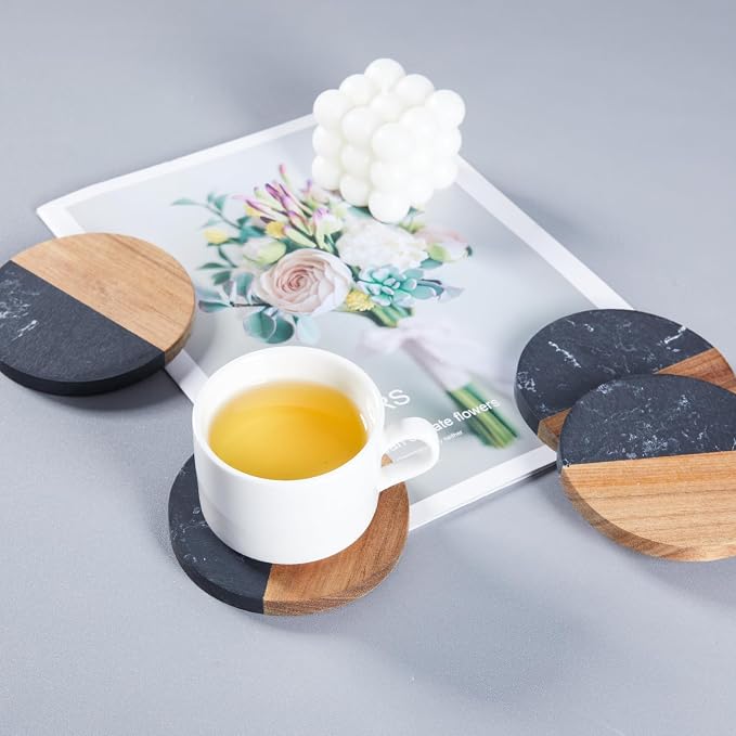 Coasters Set of 4 for Drinks, Marble-Wood Spliced Coaster for Tabletop - Image 5