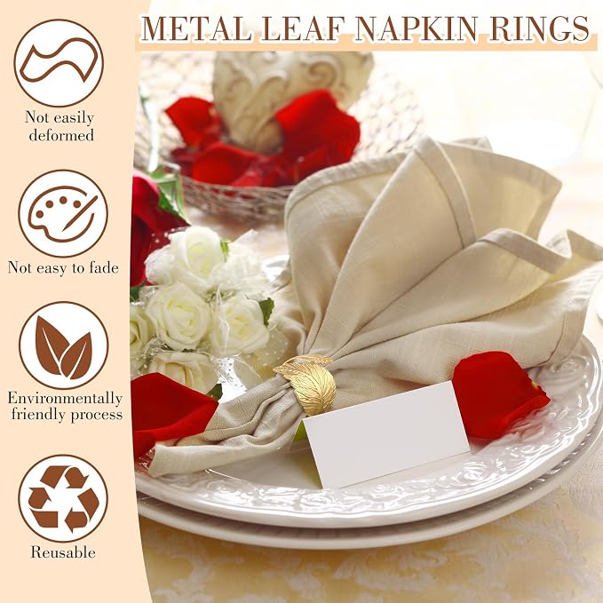 100 Pcs Gold Napkin Rings for Wedding Shiny Metal Napkin Holder Study Leaf - Image 3