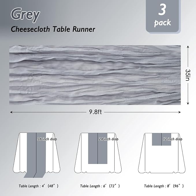 3 Pack Grey Cheesecloth Table Runner 120 Inch Boho Wedding Decor | Cheesecloth - Image 2