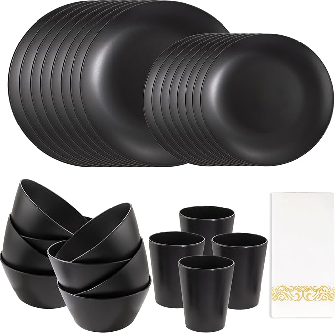 32pc Reusable Black Wheat Straw Dinnerware Sets Black Dishes by supernal
