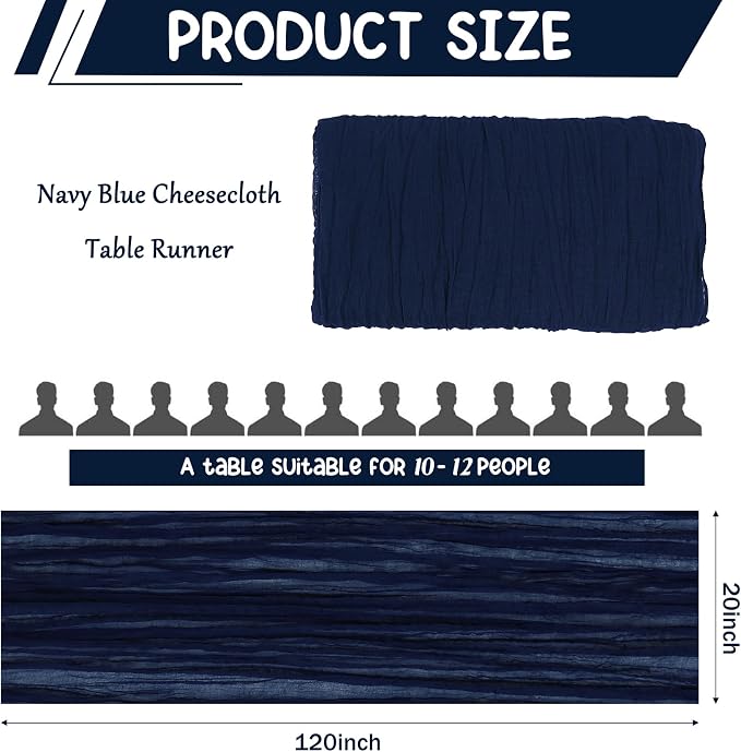 10 Pack Navy Blue Cheesecloth Table Runner 10FT Boho Gauze Fabric Table Runner - Image 2