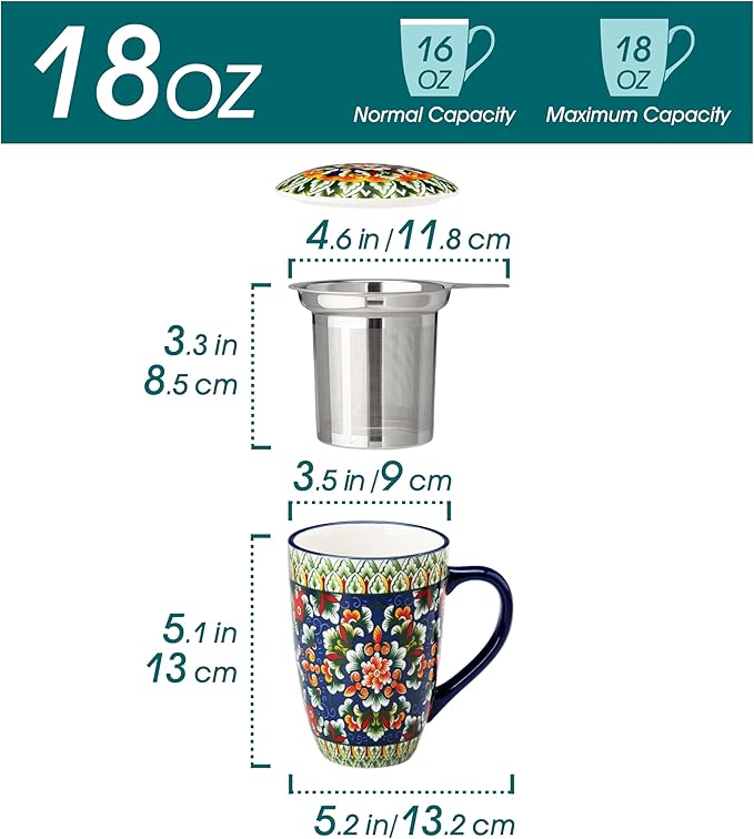 vancasso Ceramic Tea Mug with Infuser and Lid, 18 Ounce Bohemian Loose Leaf Cup - Image 2