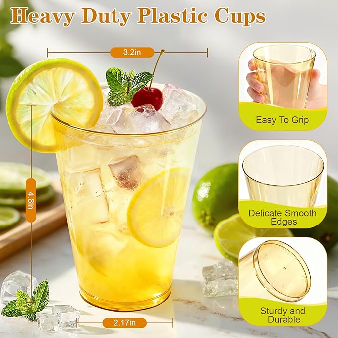 Glowserve 50 Pack 12 oz Gold Disposable Plastic Cups Cocktail Glasses | Cold - Image 3