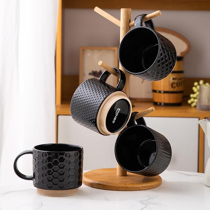 GBhome 12 OZ Stackable Coffee Mugs Set of 4, Ceramic Black Coffee Cups Set | 4 - Image 8