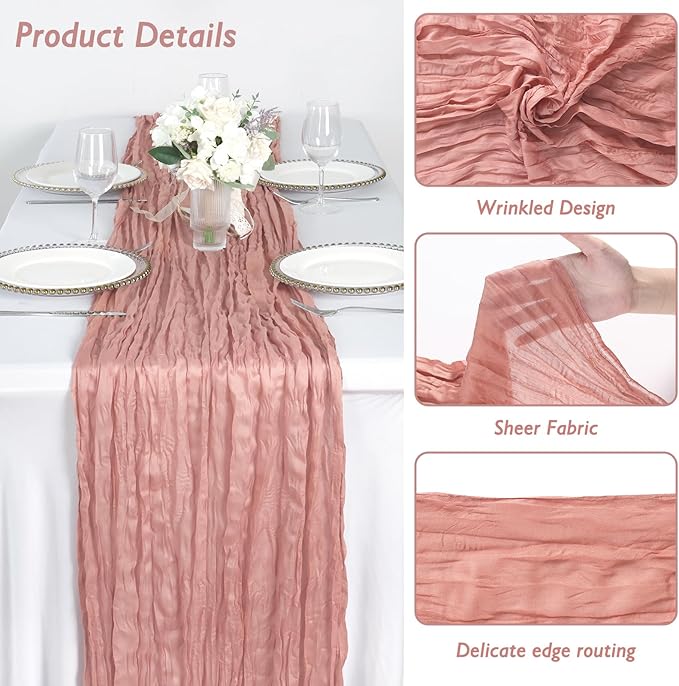 3 Pack Dusty Pink Cheesecloth Table Runner 120 Inch Boho Wedding Decor | - Image 3