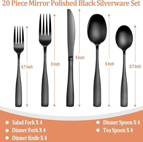 20 Pcs Black Silverware Set, Food-Grade Stainless Steel Flatware Set - Image 2