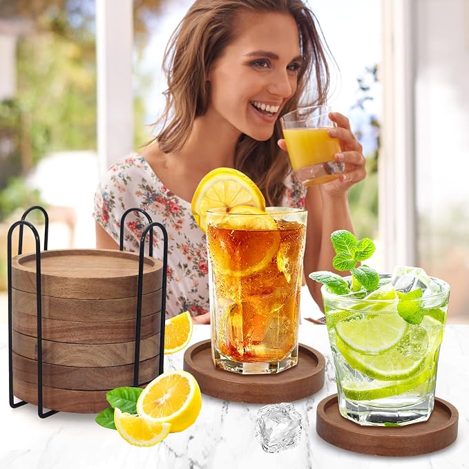 Acacia Wood Coasters Set of 8 Bar Accessories Table Decor Wooden Coaster | - Image 2