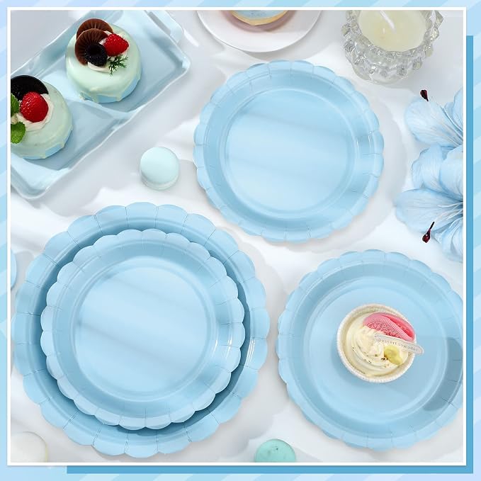 NatNarr 30 Pk Blue Dessert Cake Plates 7" Scalloped Light Blue Paper Plates | - Image 4