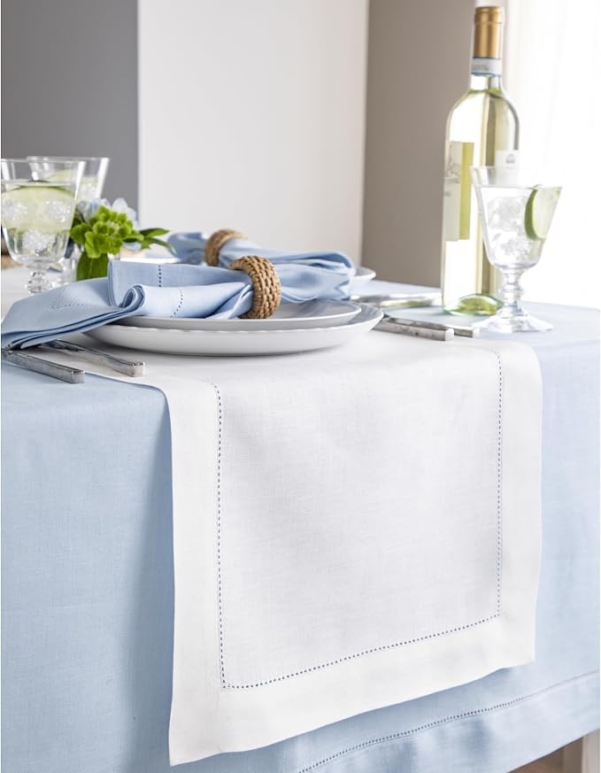 Solino Home 100% Linen Table Runner White, Classic Hemstitch 14 x 108 in | - Image 2