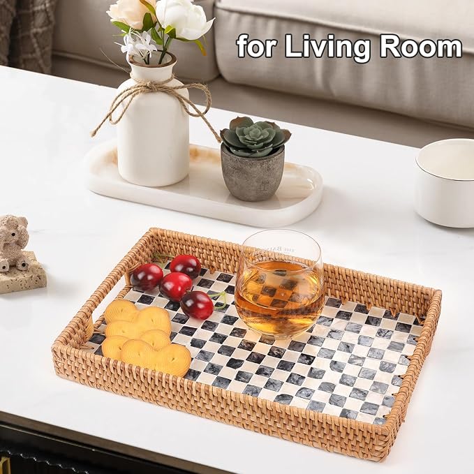 Rectangle Rattan Tray with Mother of Pearl Inlay, Rattan Serving Tray with - Image 5