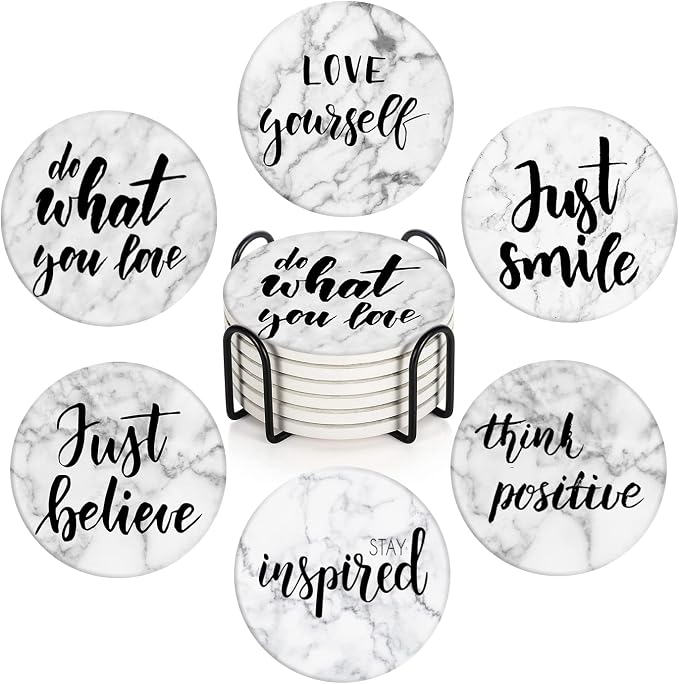 Coasters for Drinks, Ceramic Stone, Marble White | Inspirational Quote Text by Britimes
