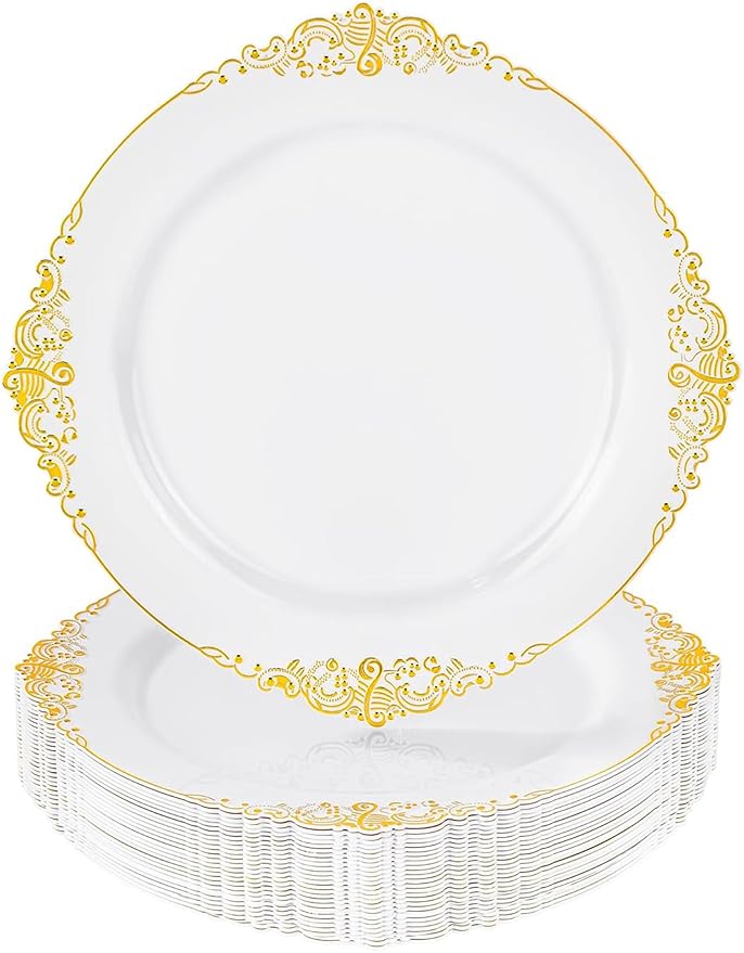 25 Pack 7.5 Inch golden Rim Plastic Plates, Heavy Duty Disposable White Dessert by Unknown