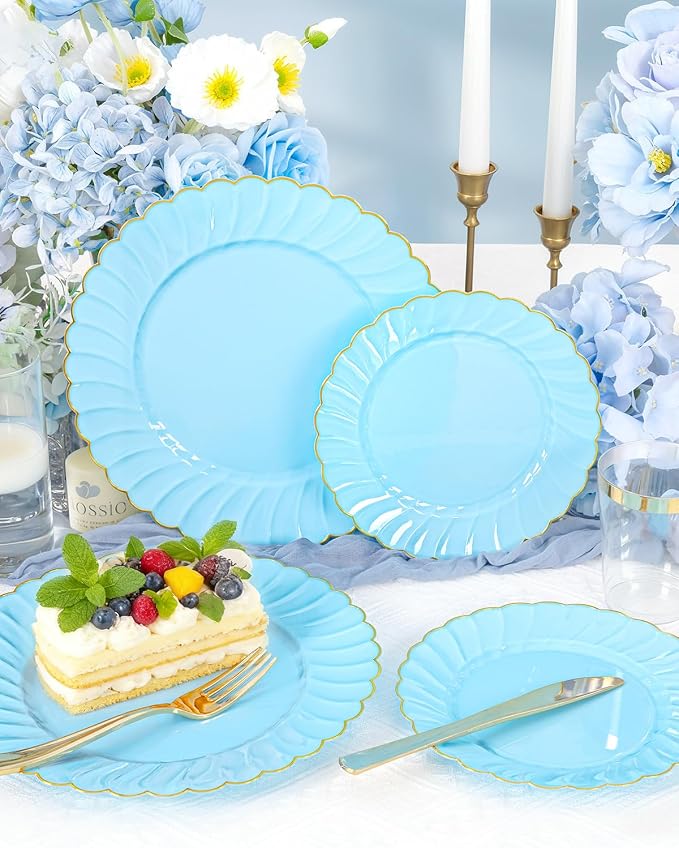 YOUBET 175PCS Light Blue Scalloped Plastic Plates - Image 4