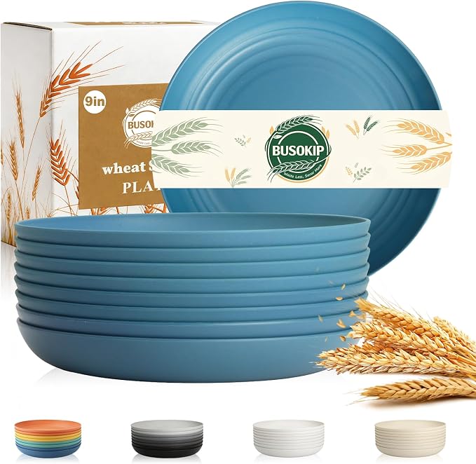 Dinner Plates 9 Inch, Plastic Plates Reusable, Unbreakable Wheat Straw Plates by BUSOKIP