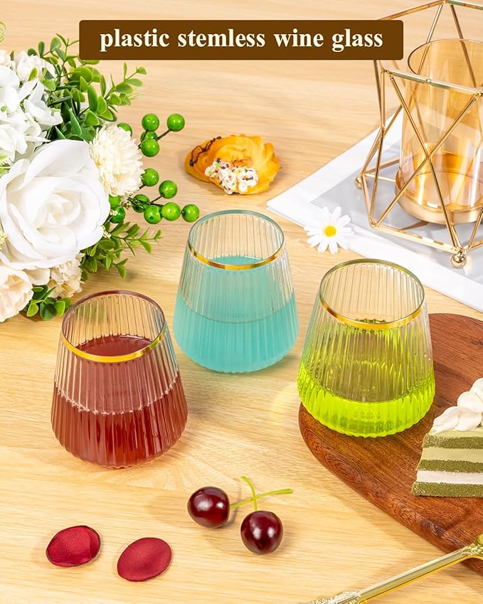 Goodluck 36 Pack 12oz Stemless Plastic Wine Glasses Clear Ribbed Gold Rim | - Image 3