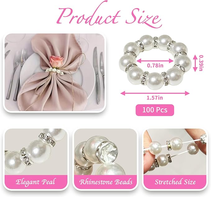100 Pcs Silver Disposable Napkin Rings Imitation Pearl Ring Napkin Holder - Image 2